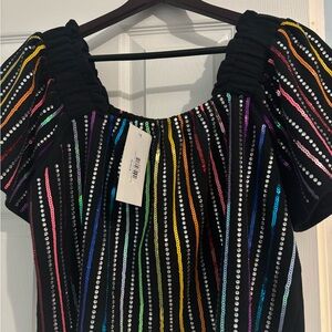 QUEEN OF SPARKLES Black and Pink Puff Sleeve Ruched Blouse